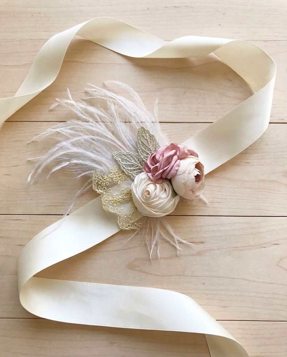 Dusty Rose & French Cream Flower Girl Headband and Sash