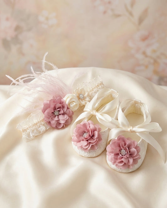 Ivory Lace Baptism Shoes and Pink Baptism Headband