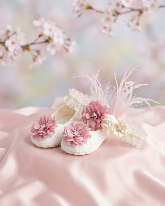 Ivory Lace Baptism Shoes and Pink Baptism Headband