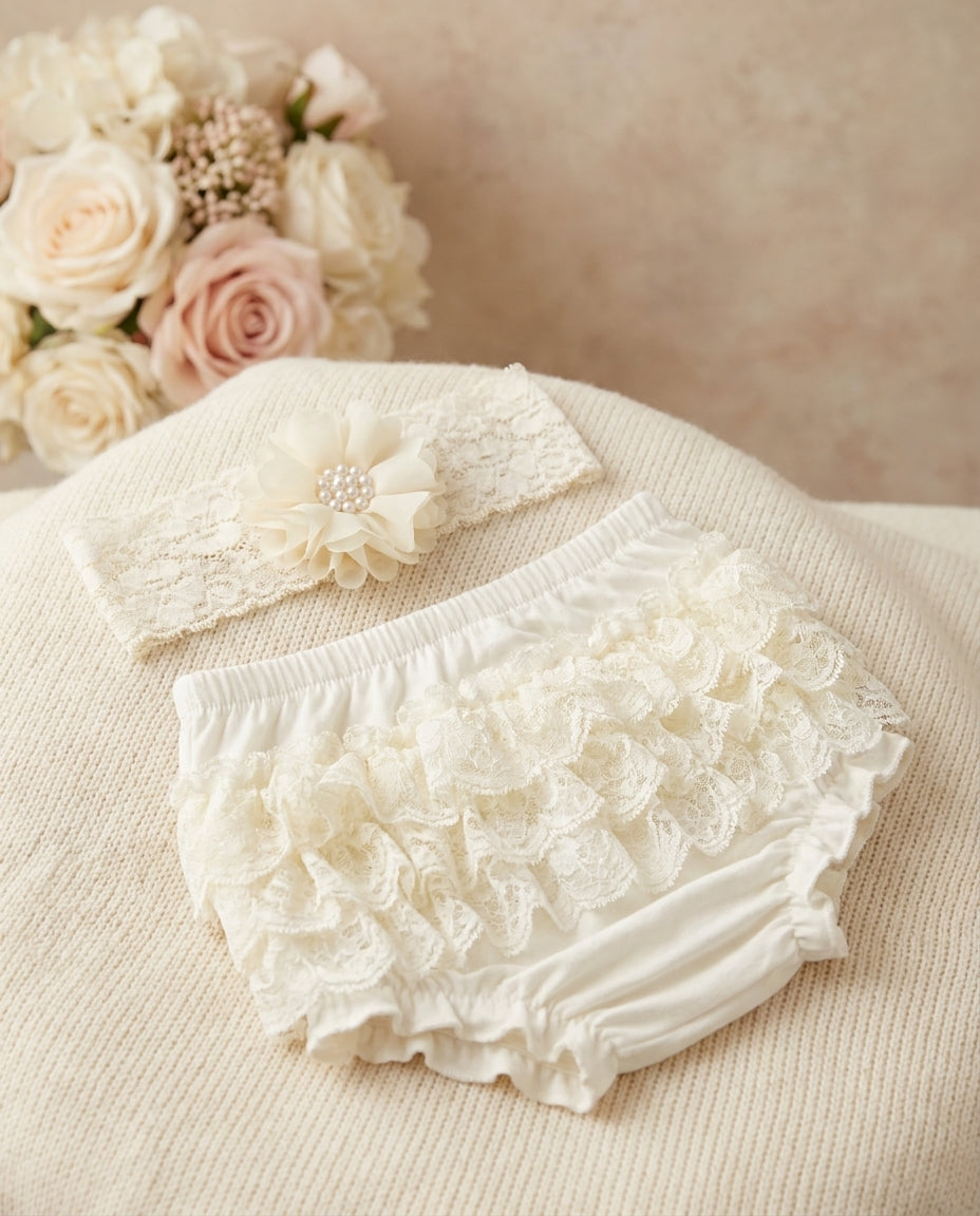 White and Ivory Lace Bloomers and Headband Set
