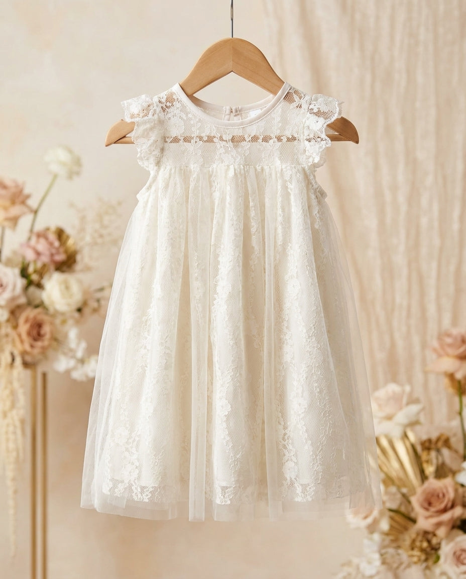 Vintage Ivory Lace Christening Dress with Fluttered Sleeves