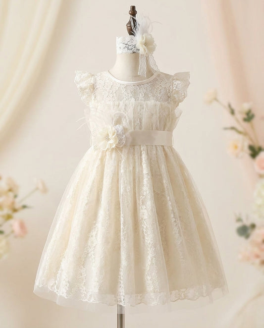 Ivory Lace Christening Dress with Headband and Sash