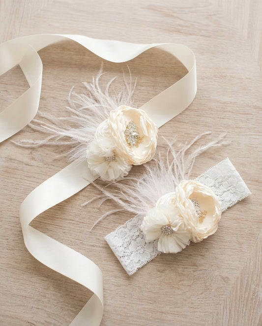 Ivory & Vintage Cream Baptism Headband & Sash