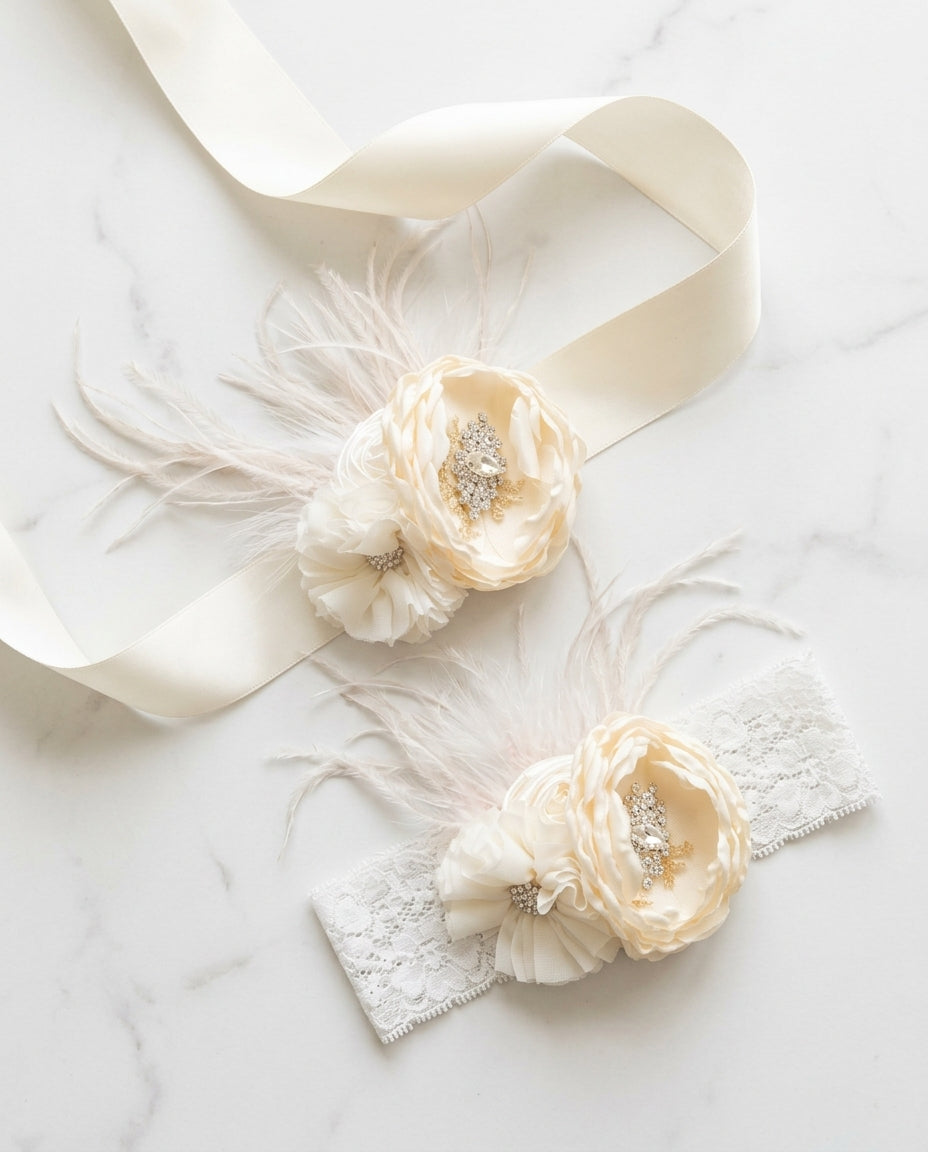 Ivory & Vintage Cream Baptism Headband & Sash