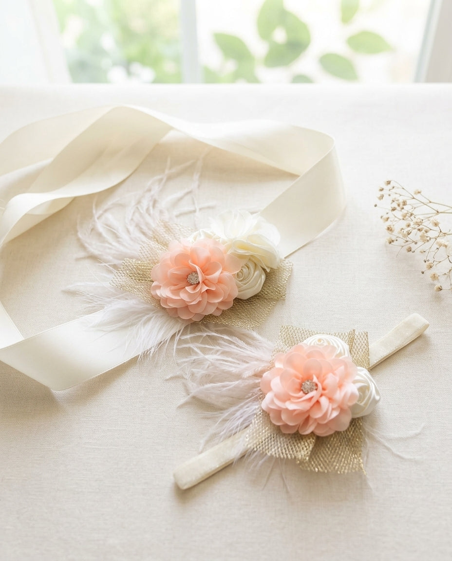 Ivory and Peach Baby Girl Baptism Headband