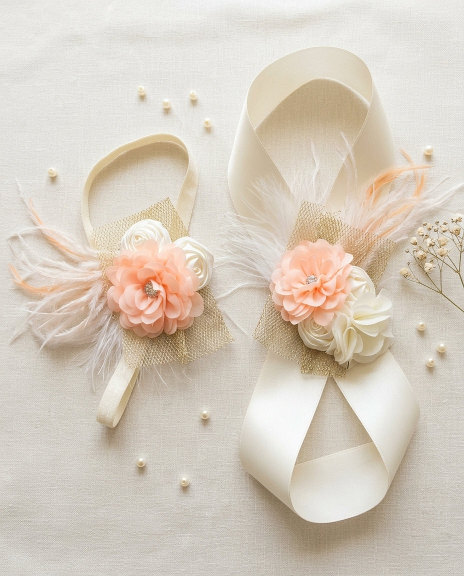 Ivory and Peach Baby Girl Baptism Headband