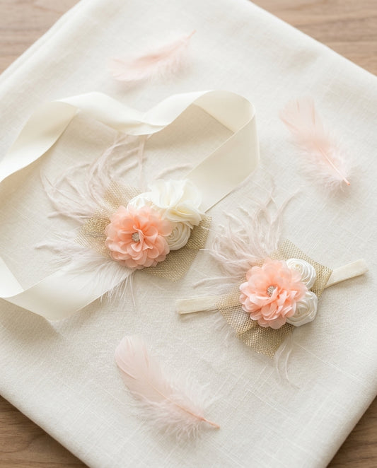 Ivory and Peach Baby Girl Baptism Headband
