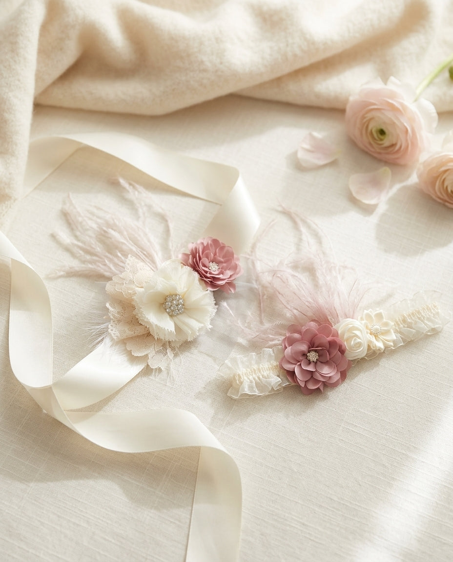 Ivory and Rose Pink Christening Headband and Sash
