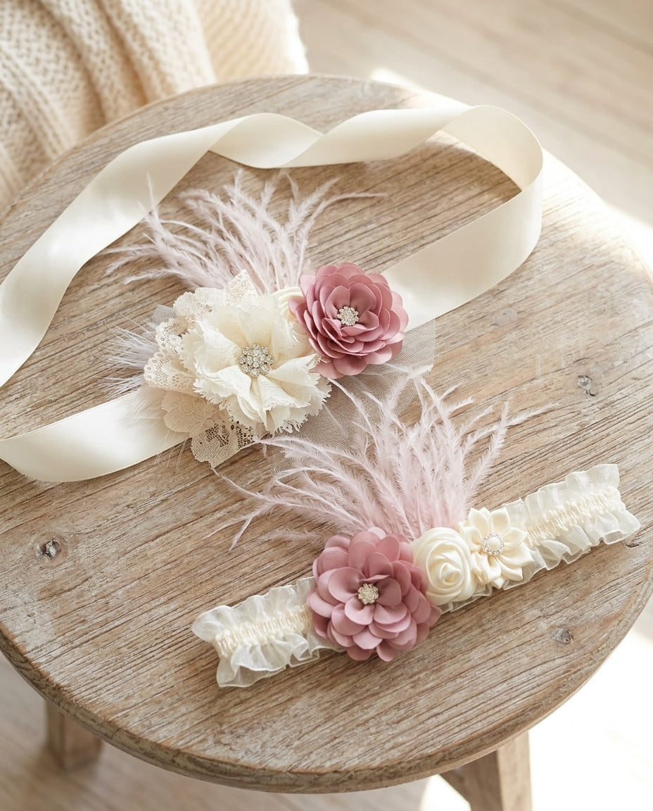 Ivory and Rose Pink Christening Headband and Sash