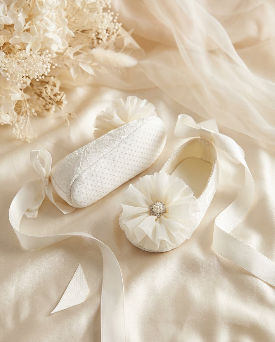 Lace Baptism Crib Shoes, Ivory Flowers & Rhinestones
