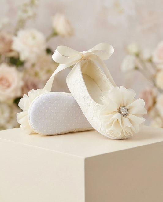 Lace Baptism Crib Shoes, Ivory Flowers & Rhinestones