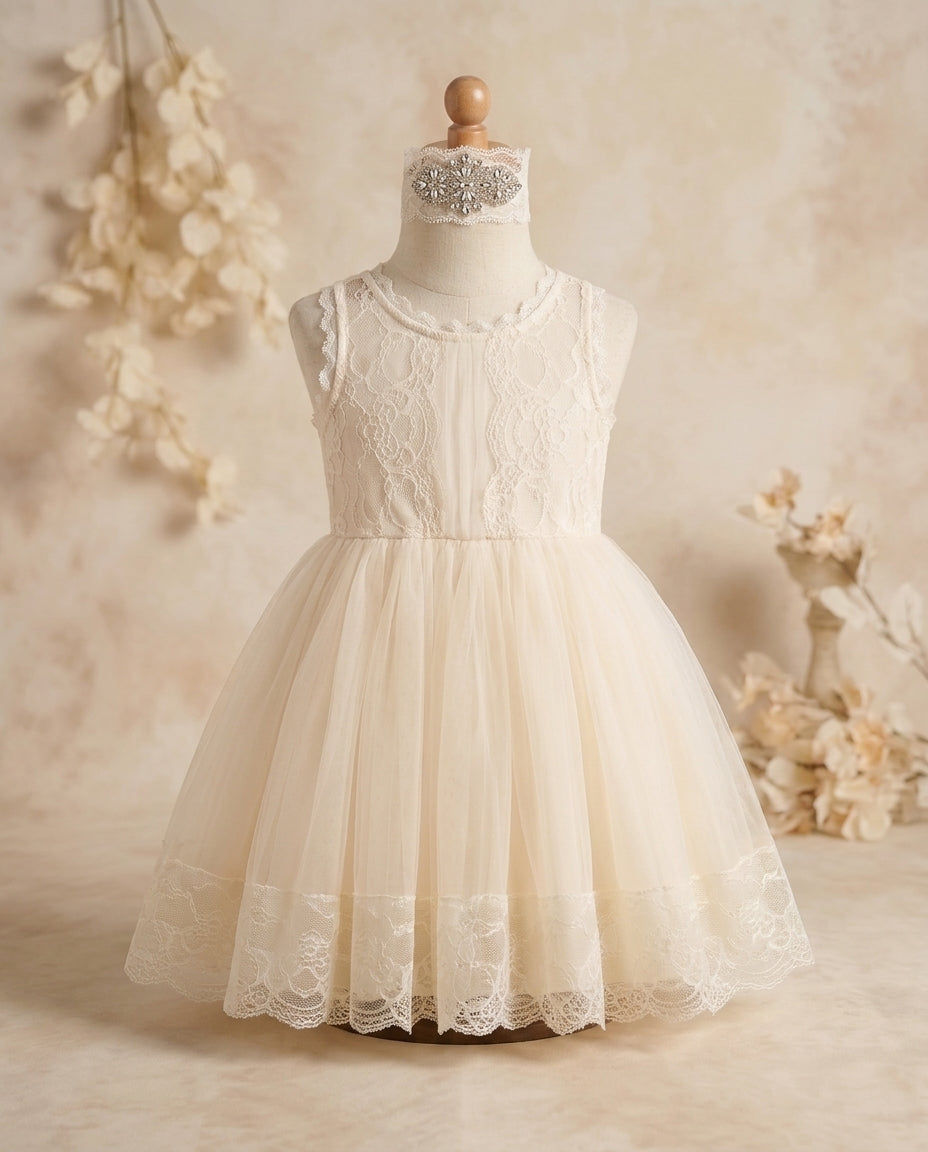 Lace Flower Girl Dress with Rhinestones Headband