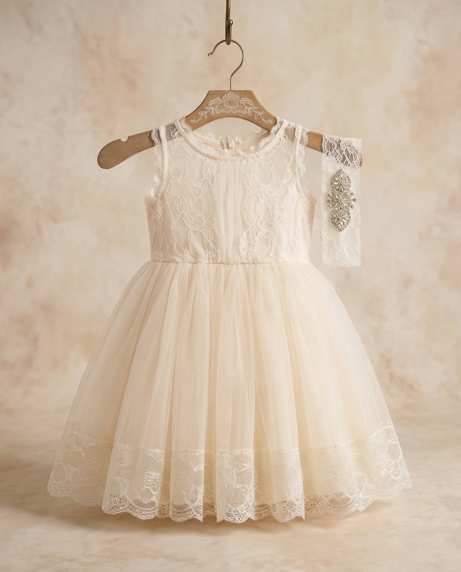 Lace Flower Girl Dress with Rhinestones Headband