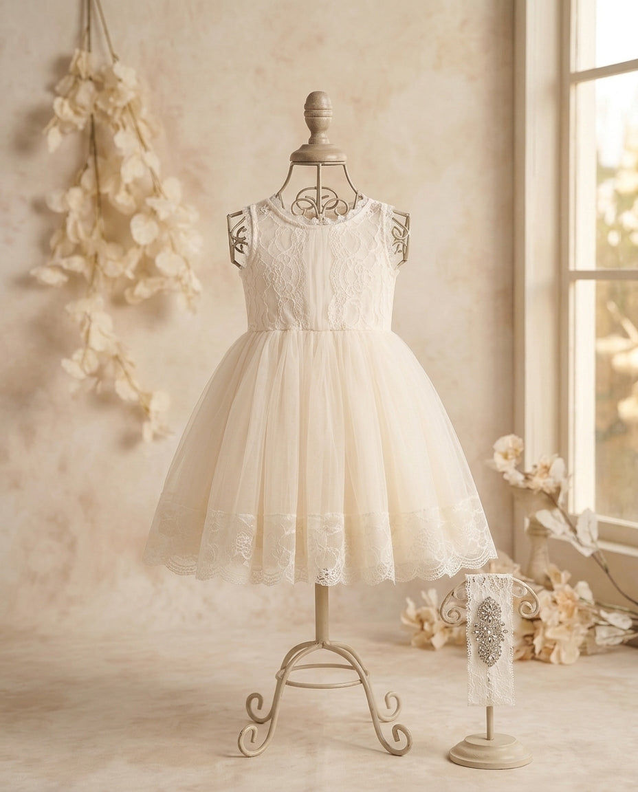 Lace Flower Girl Dress with Rhinestones Headband