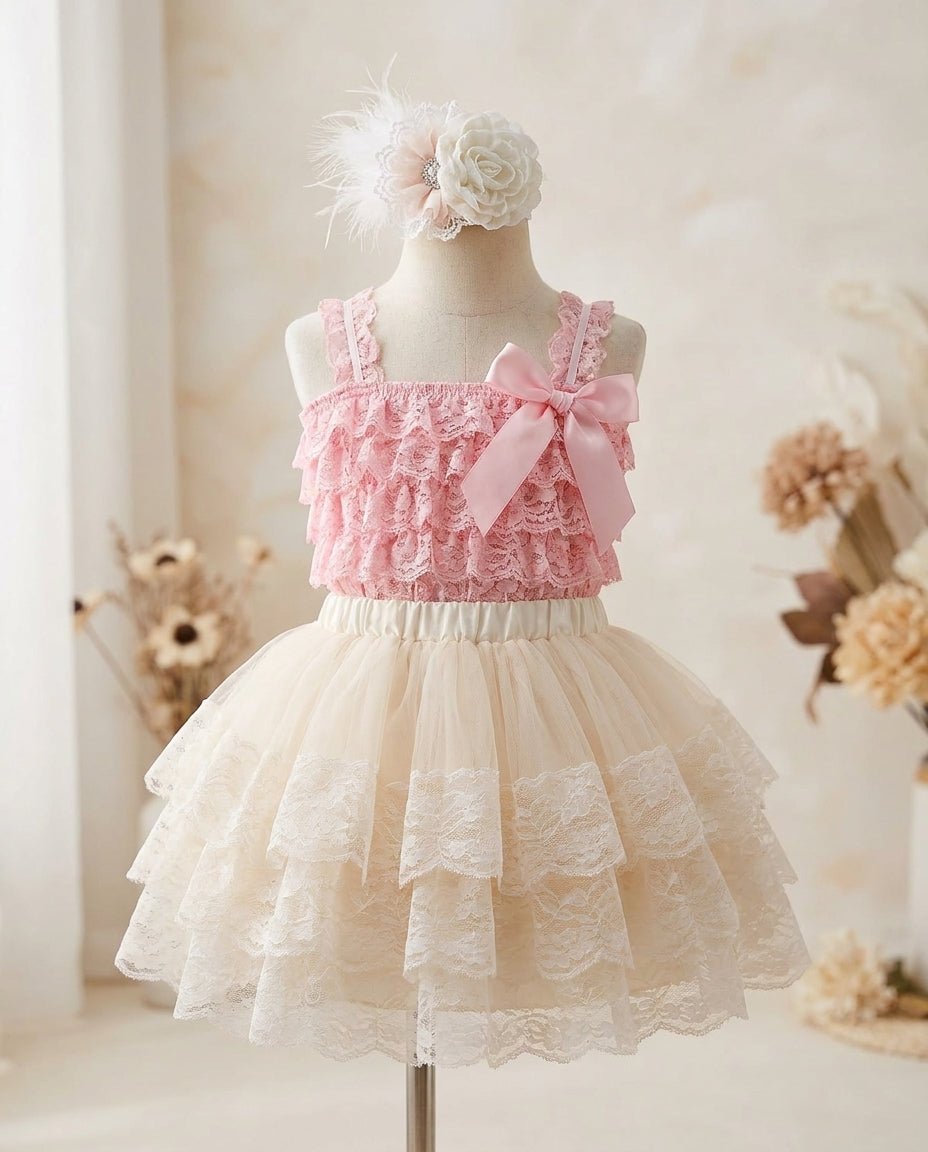 Lace Romper and Fluffy Lace Skirt with Headband