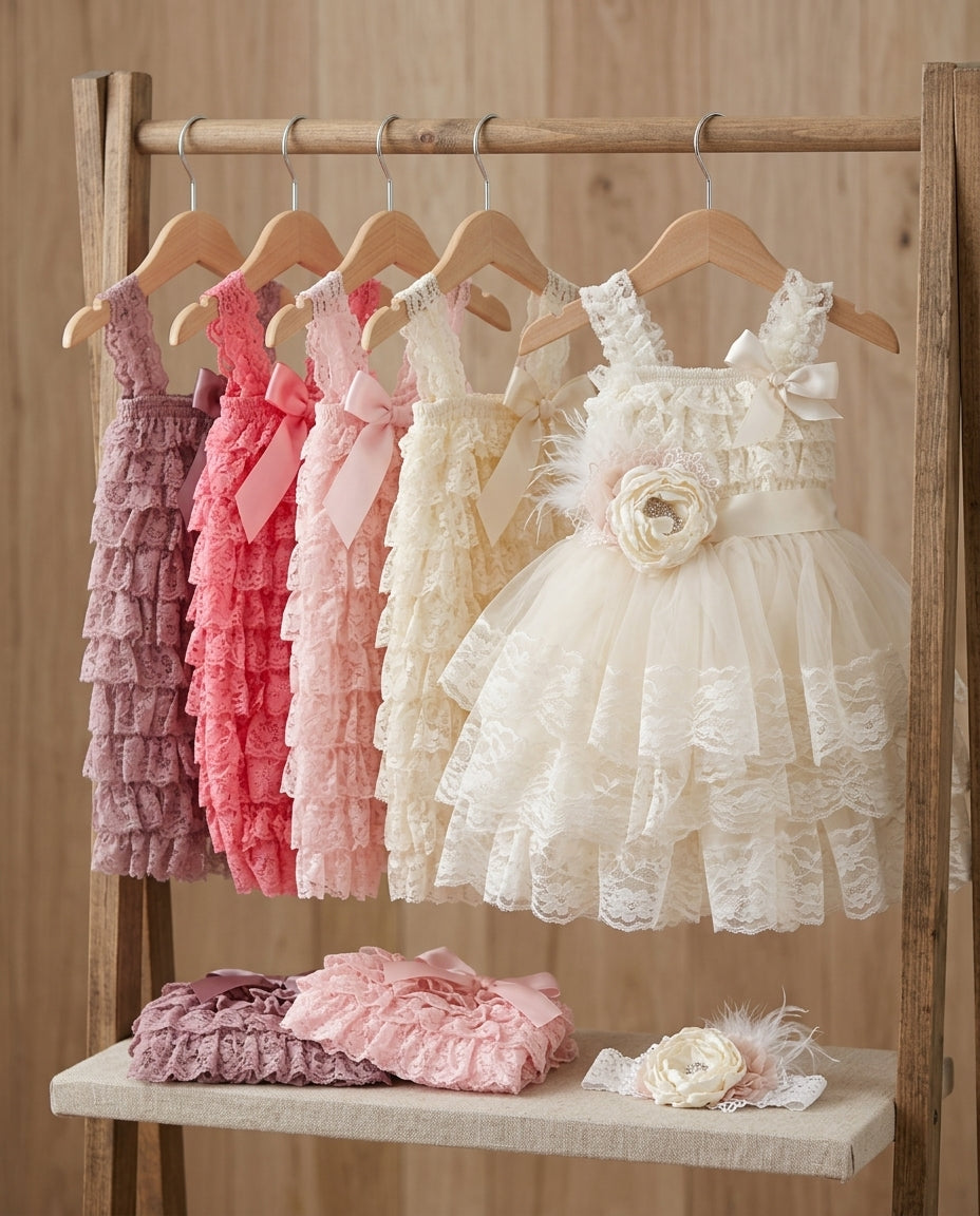 Lace Romper and Fluffy Lace Skirt with Headband & Sash Set