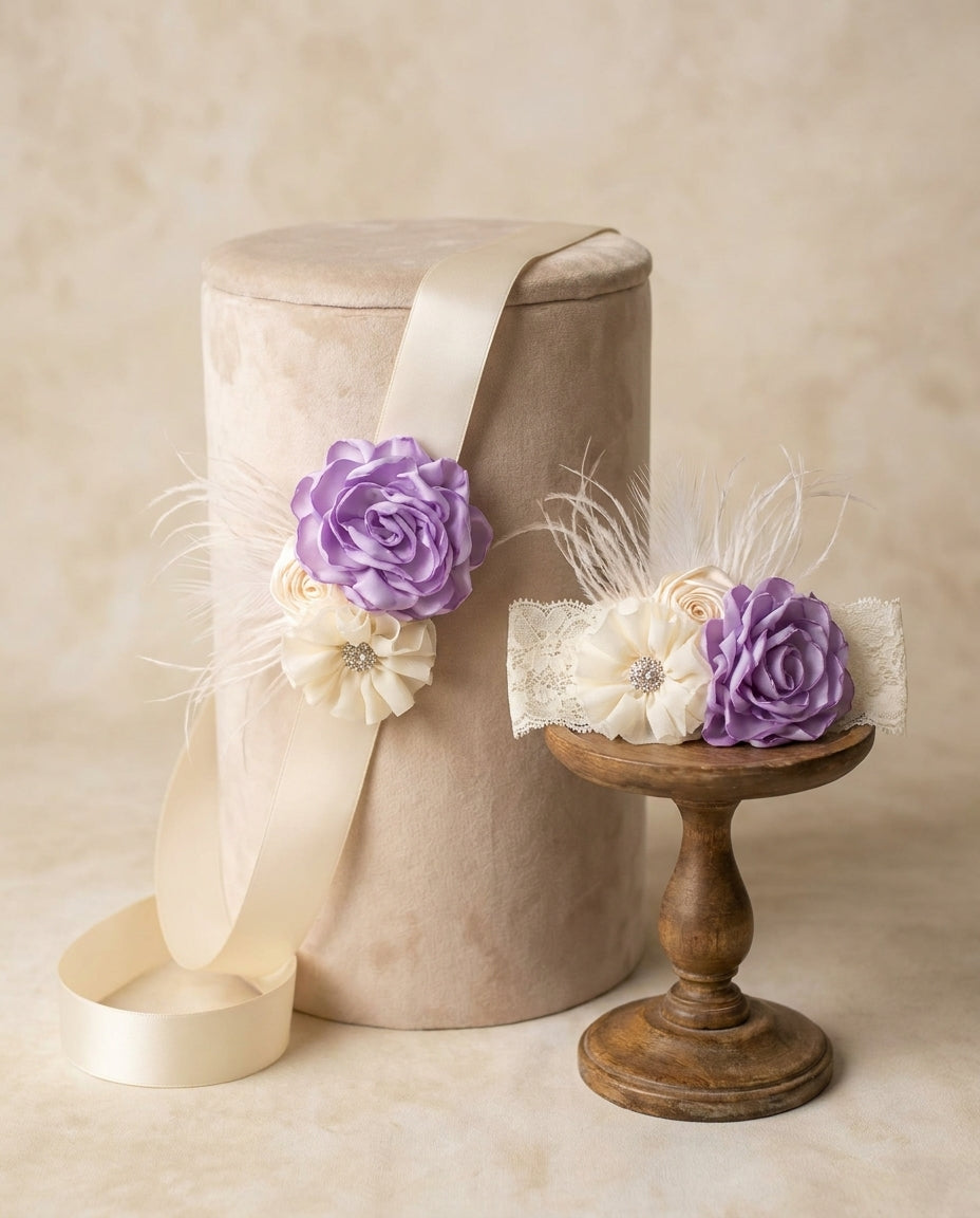 Lavender and Ivory Baptism Headband & Sash
