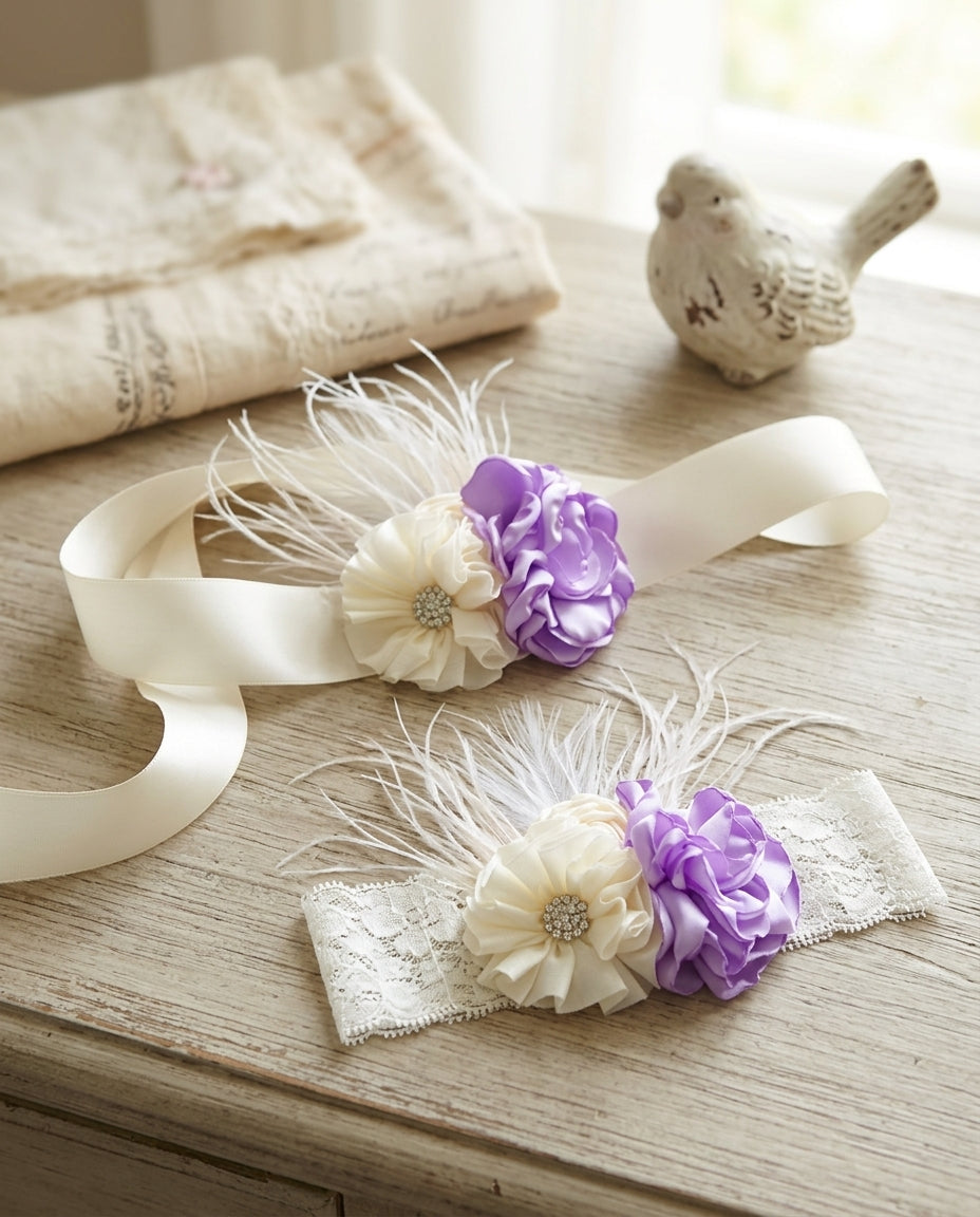 Lavender and Ivory Baptism Headband & Sash