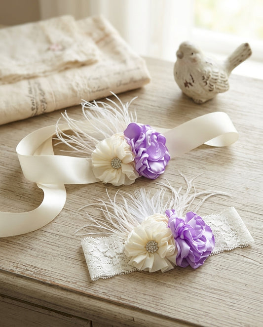 Lavender and Ivory Baptism Headband & Sash