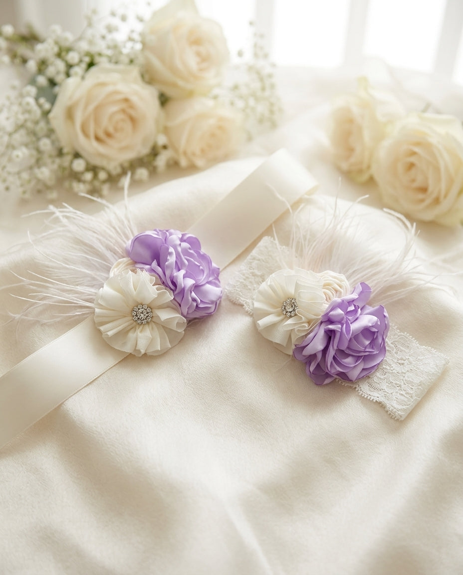 Lavender and Ivory Baptism Headband & Sash