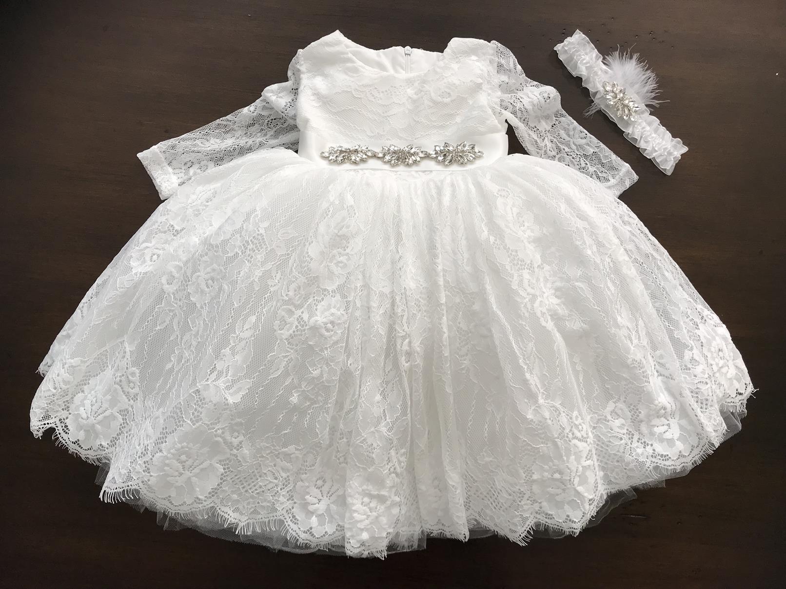 Long Sleeve Baptism Dress 6-9 Months / French White/Rhinestones