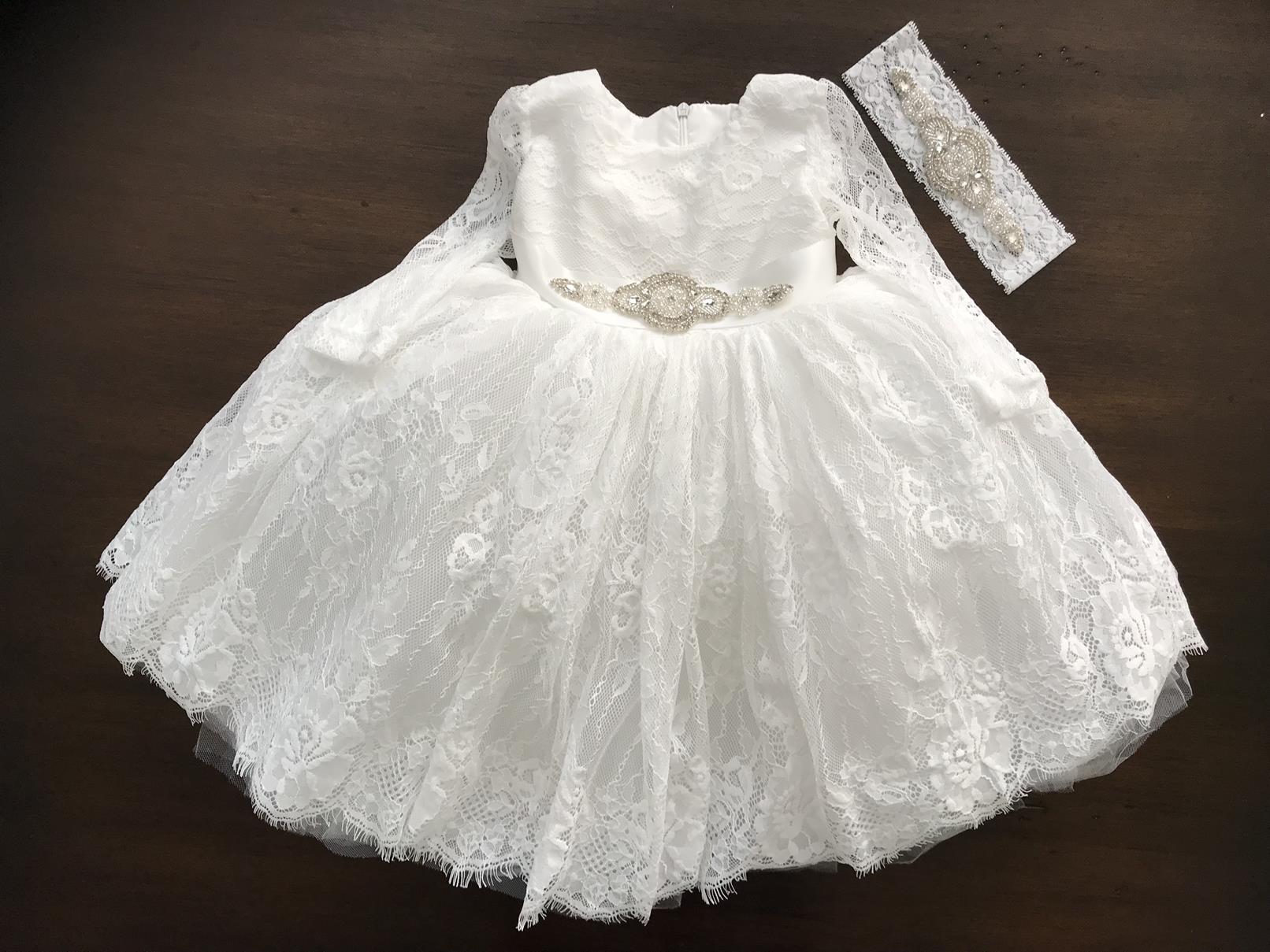 Long Sleeve Baptism Dress French White/Rhinestones / 6-9 Months
