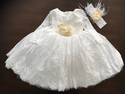 Long Sleeve White Lace Baptism Dress, Princess Lace Christening Dress