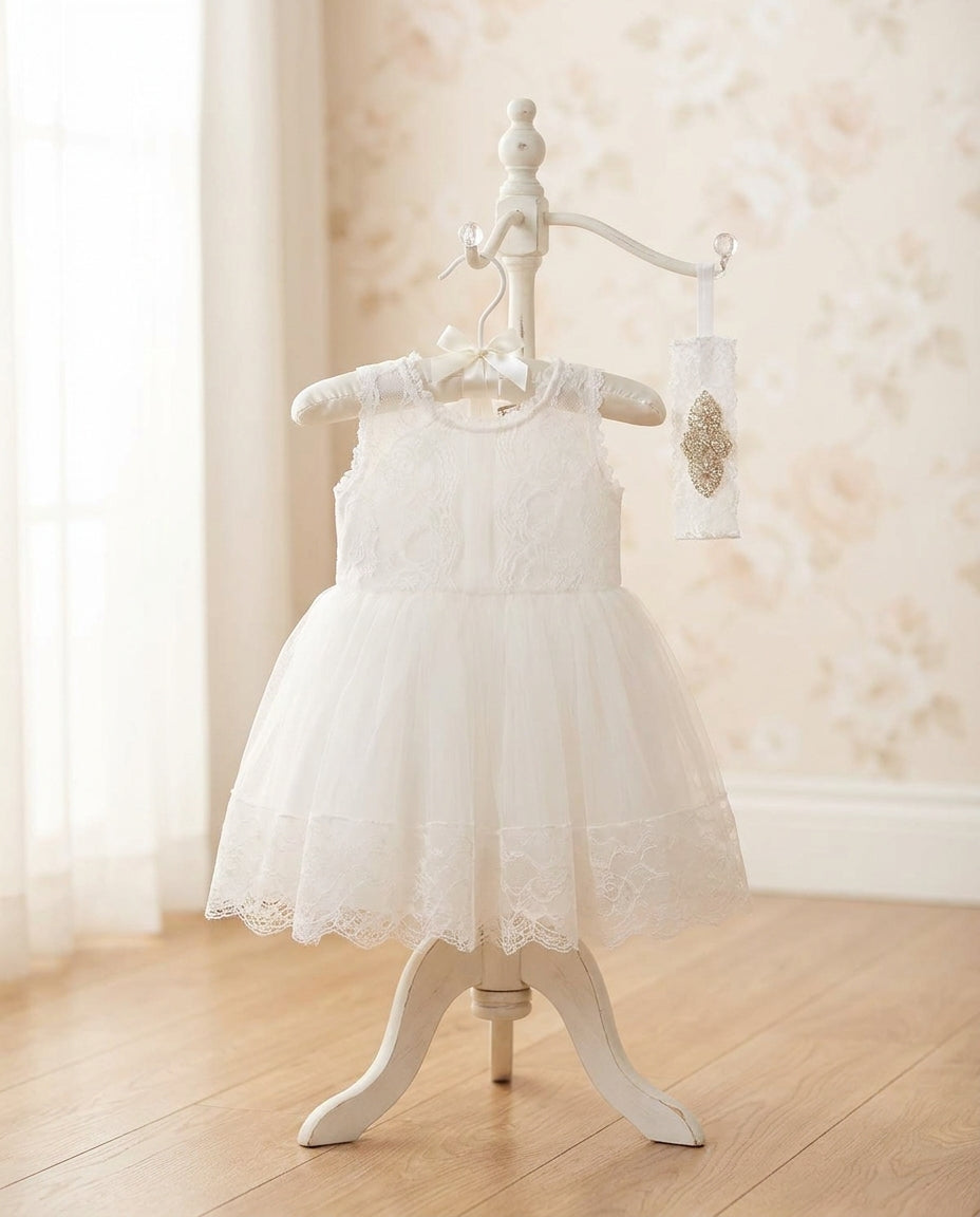 Off White Baby Girl Dress, Christening Lace Dress