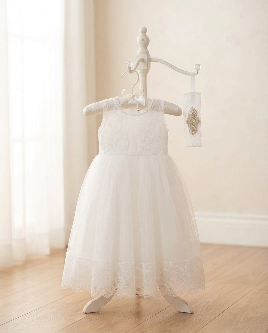 Off White Baby Girl Dress, Christening Lace Dress