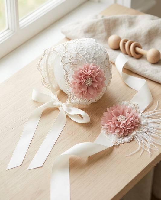 Off White Christening Bonnet and Sash
