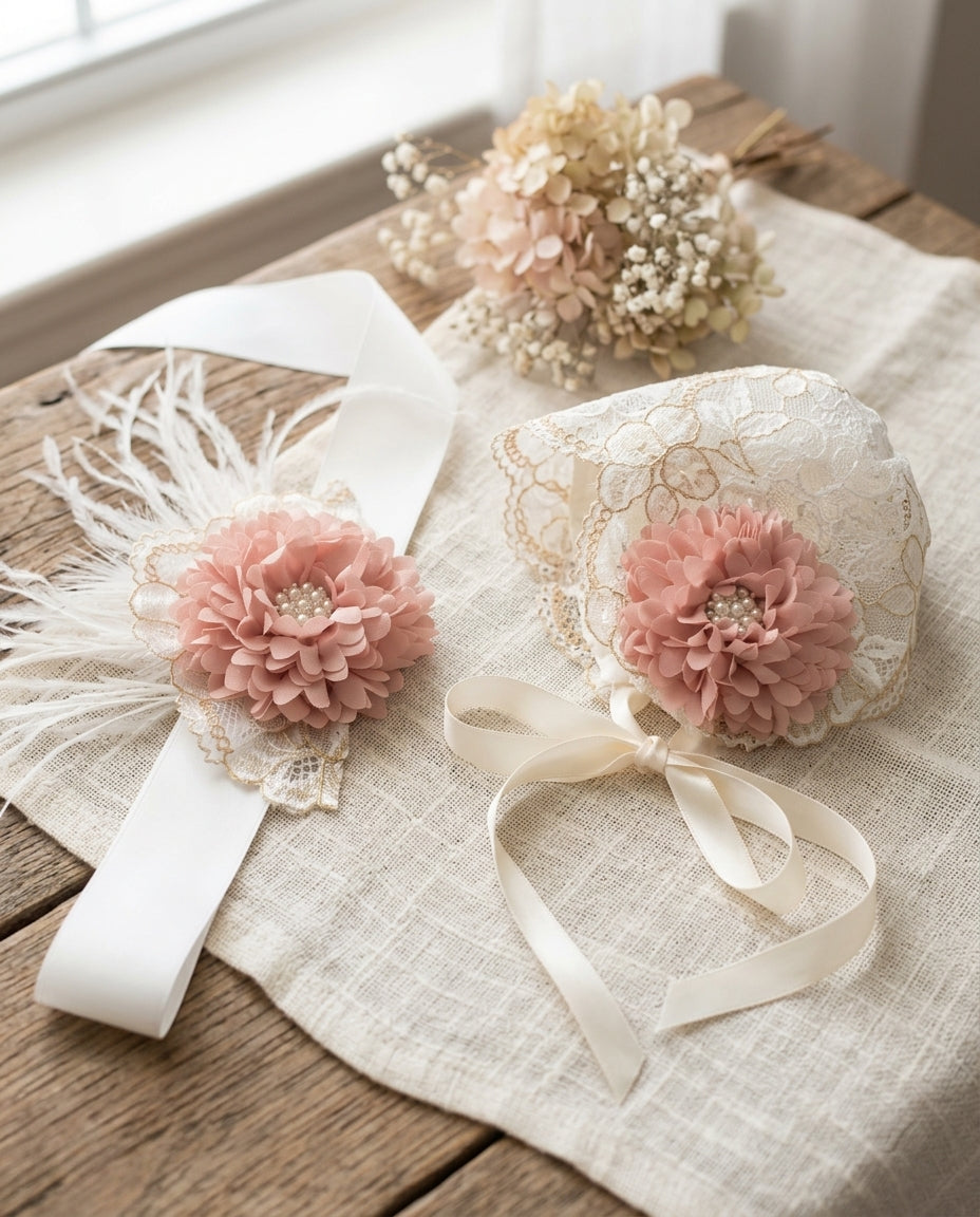 Off White Christening Bonnet and Sash