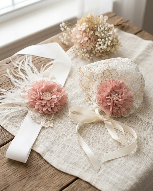 Off White Christening Bonnet and Sash