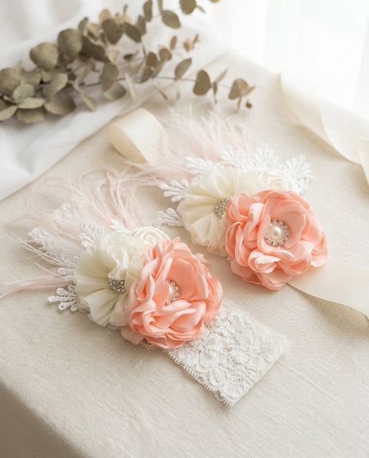 Peach & Ivory Baptism Headband and Sash