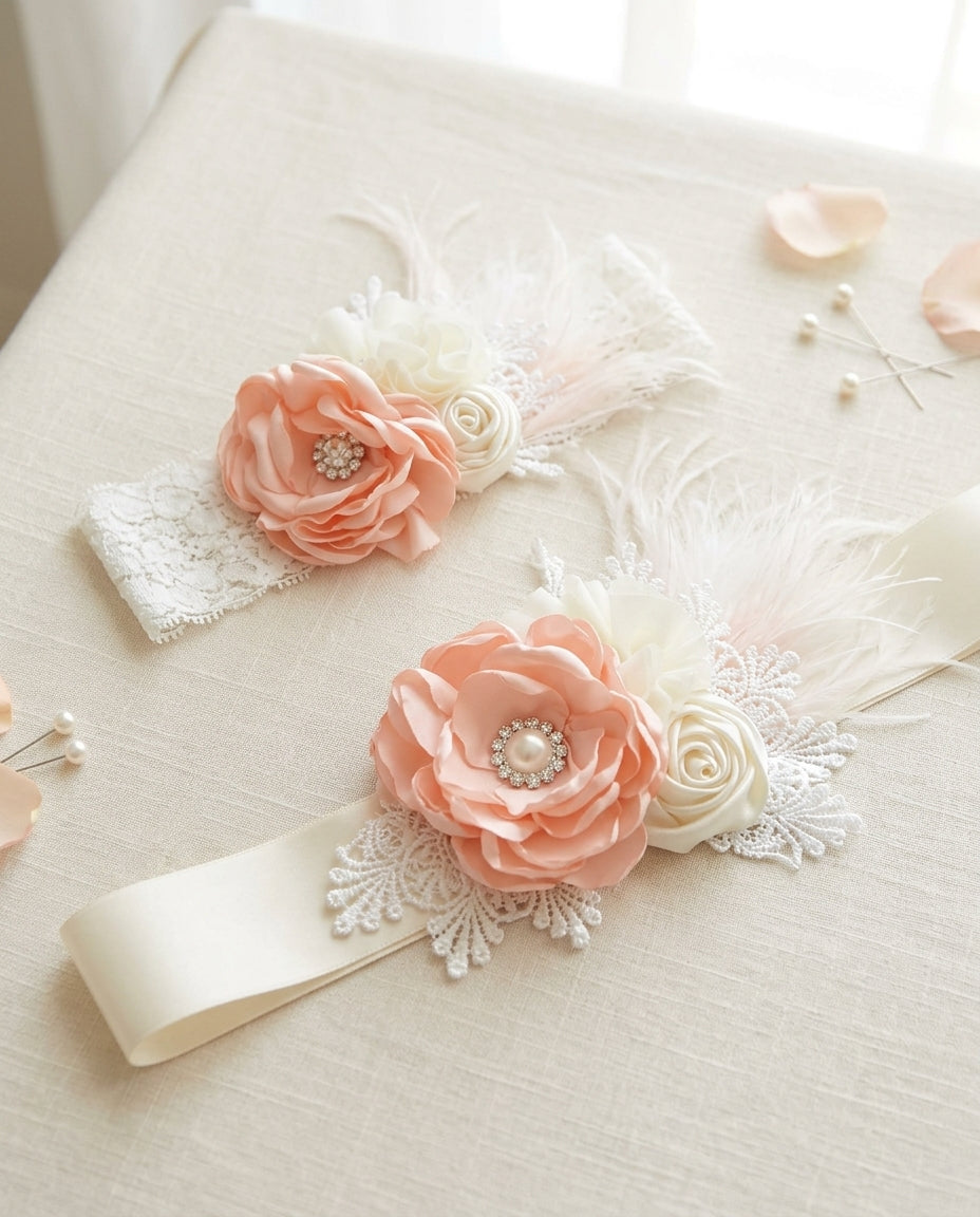 Peach & Ivory Baptism Headband and Sash