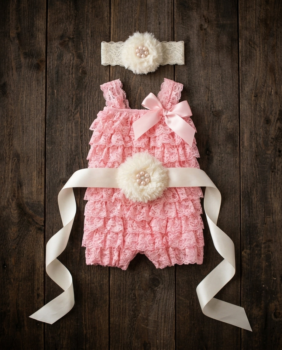 Baby Lace Romper with Ivory Headband and Sash Set