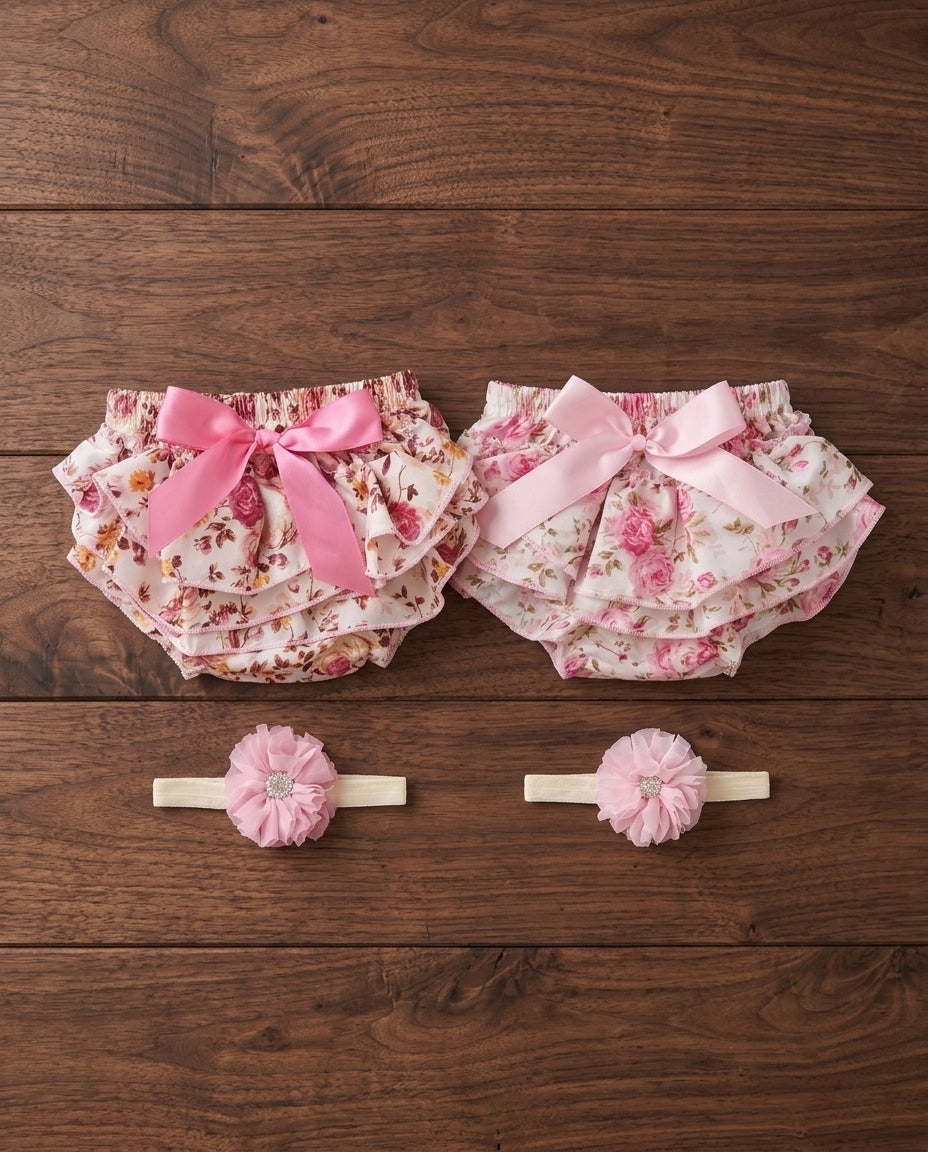 Pink Bloomers, Baby Diaper Covers & Headband Set