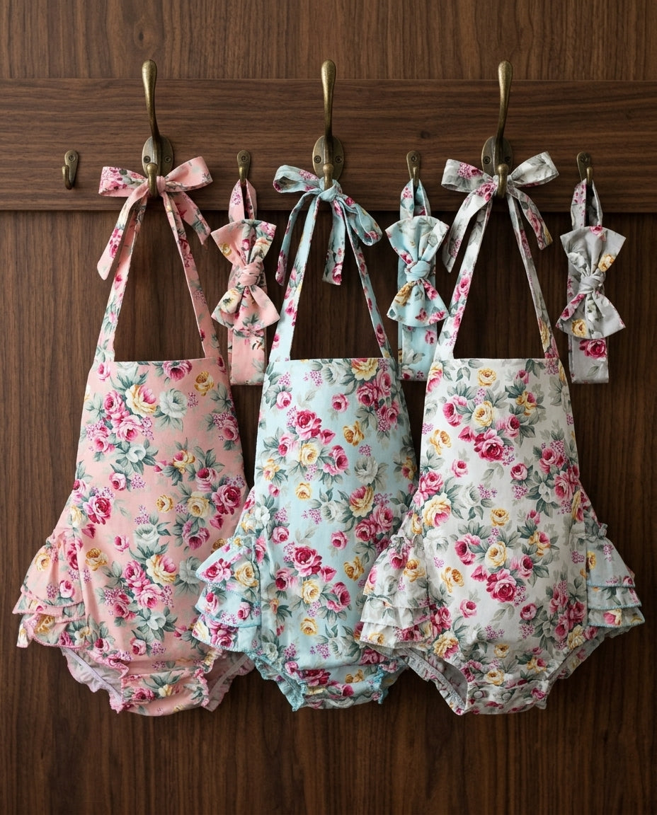 French Teal Floral Baby Ruffled Romper