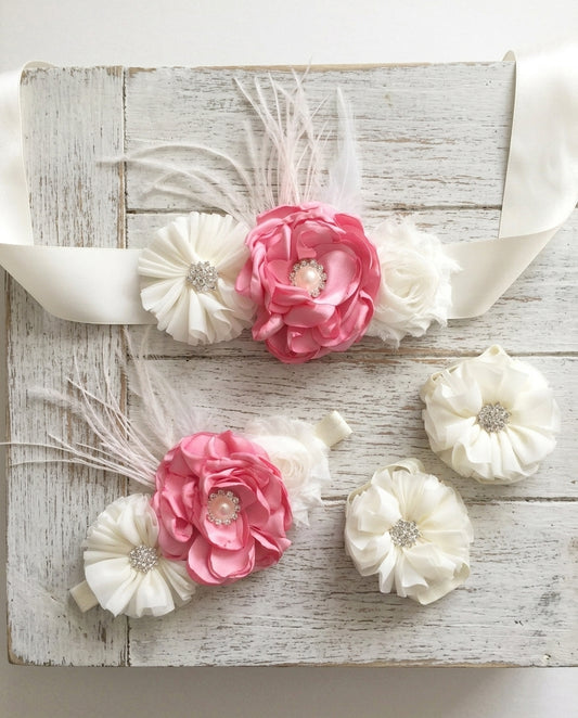 Pink & Ivory Baptism Headband, Sash, and Sandals