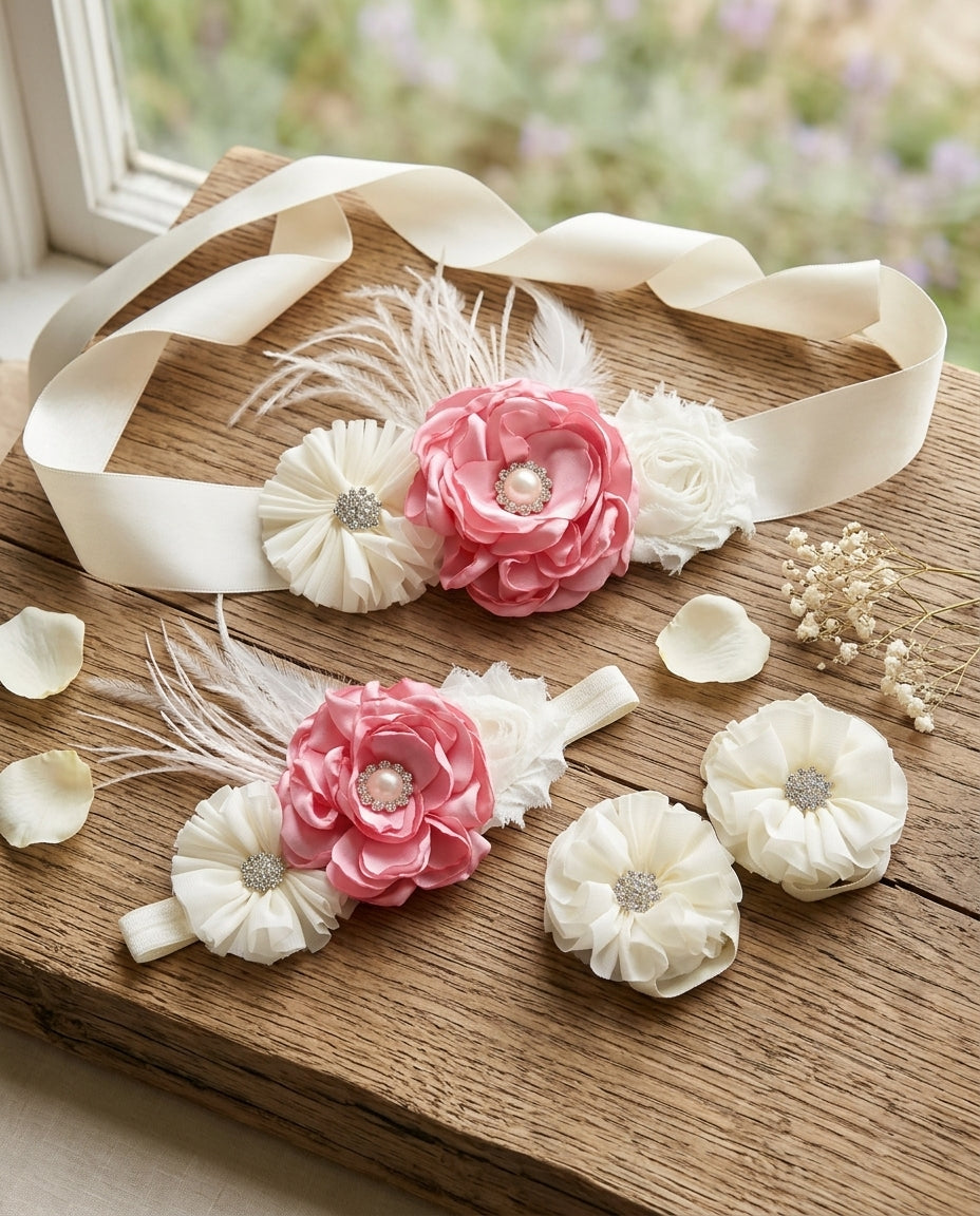 Pink & Ivory Baptism Headband, Sash, and Sandals