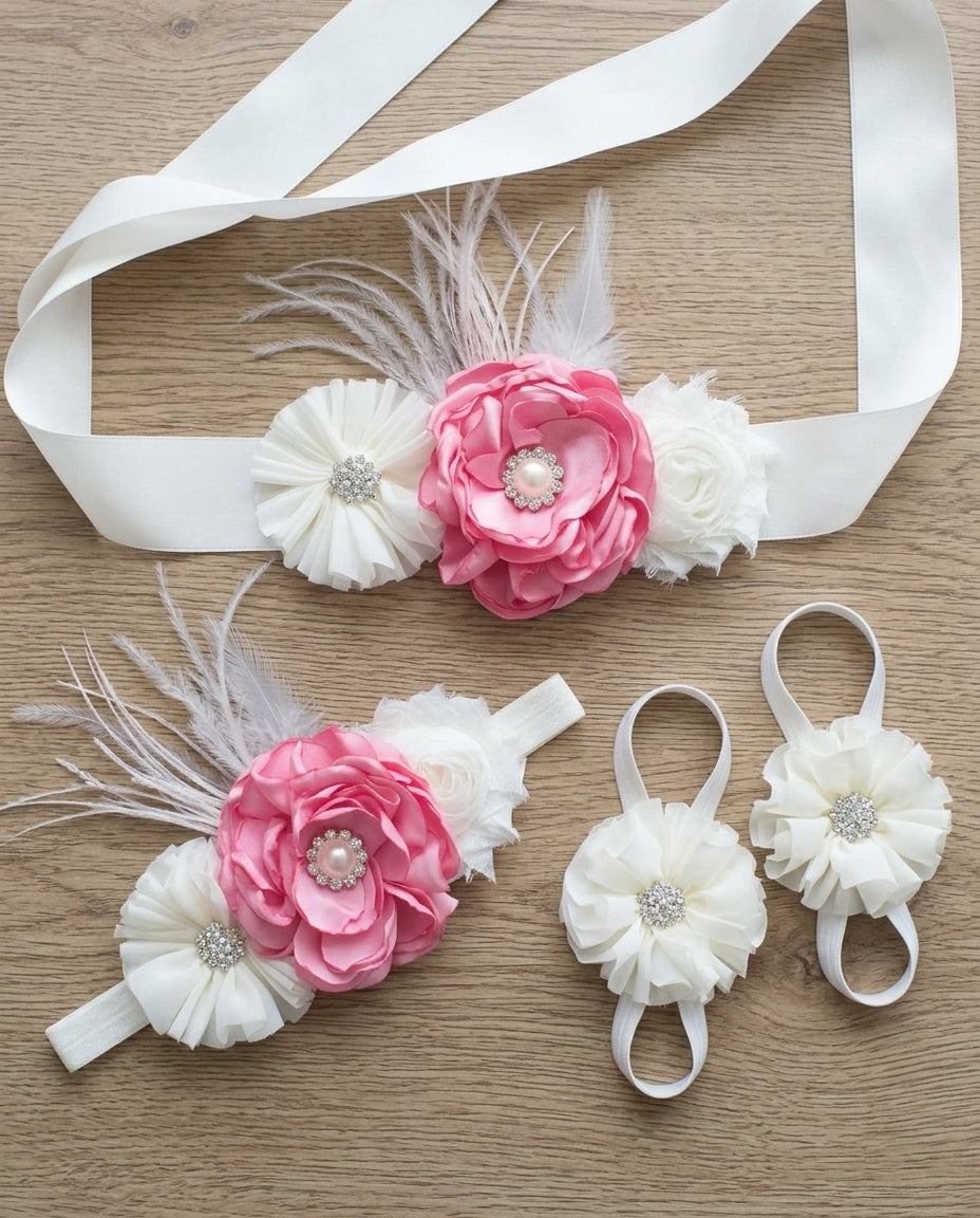 Pink & Ivory Baptism Headband, Sash, and Sandals