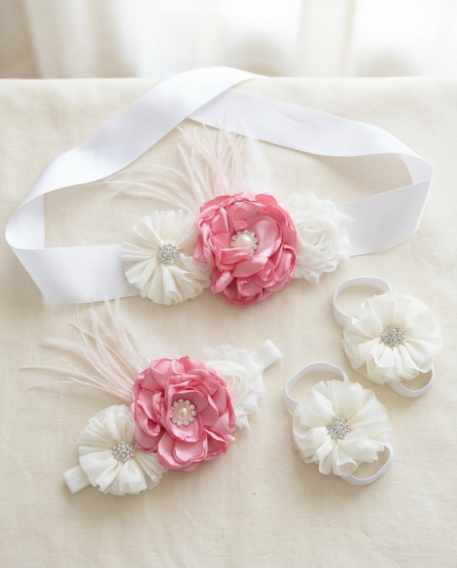 Pink & Ivory Baptism Headband, Sash, and Sandals