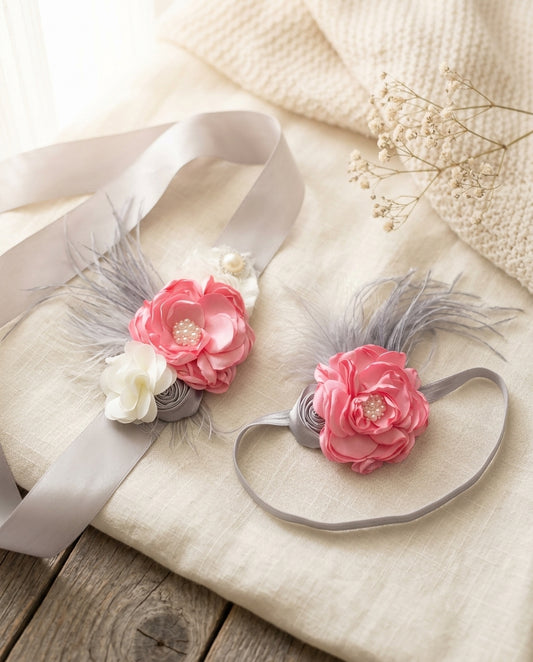 Pink, Ivory, and Gray Baby Headband, Sash, and Sandals