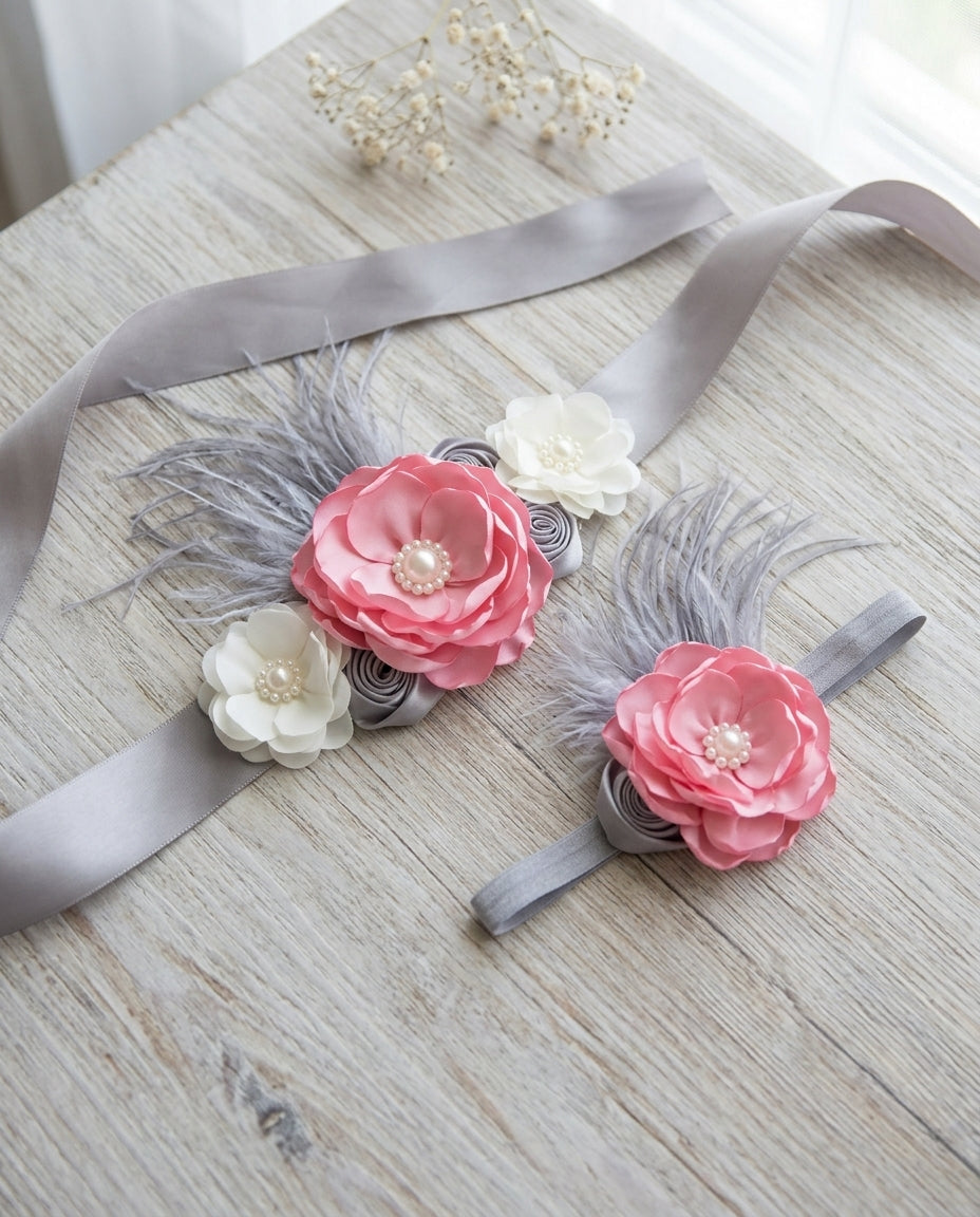 Pink, Ivory, and Gray Baby Headband, Sash, and Sandals