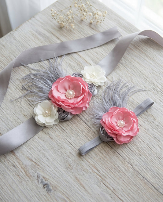 Pink, Ivory, and Gray Baby Headband, Sash, and Sandals