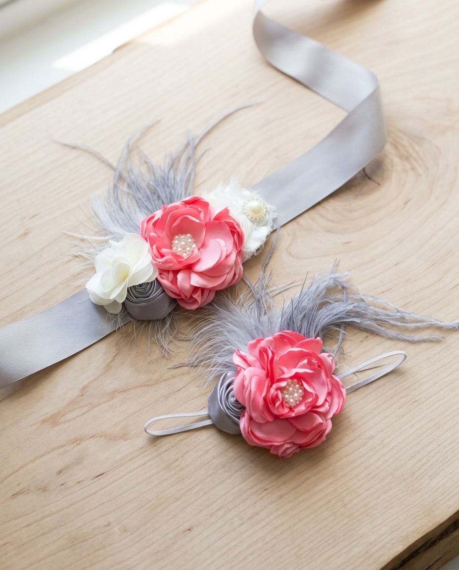 Pink, Ivory, and Gray Baby Headband, Sash, and Sandals