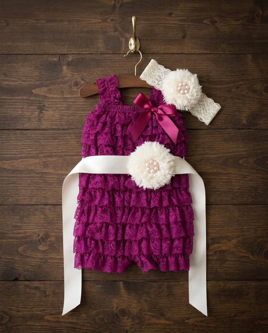 Baby Lace Romper with Ivory Headband and Sash Set