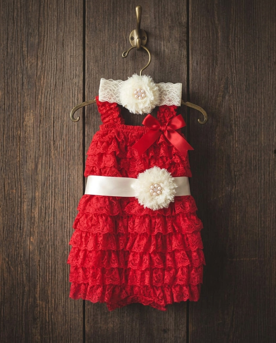 Baby Lace Romper with Ivory Headband and Sash Set