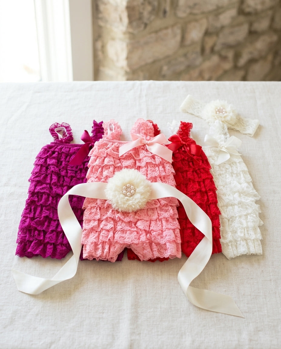 Baby Lace Romper with Ivory Headband and Sash Set