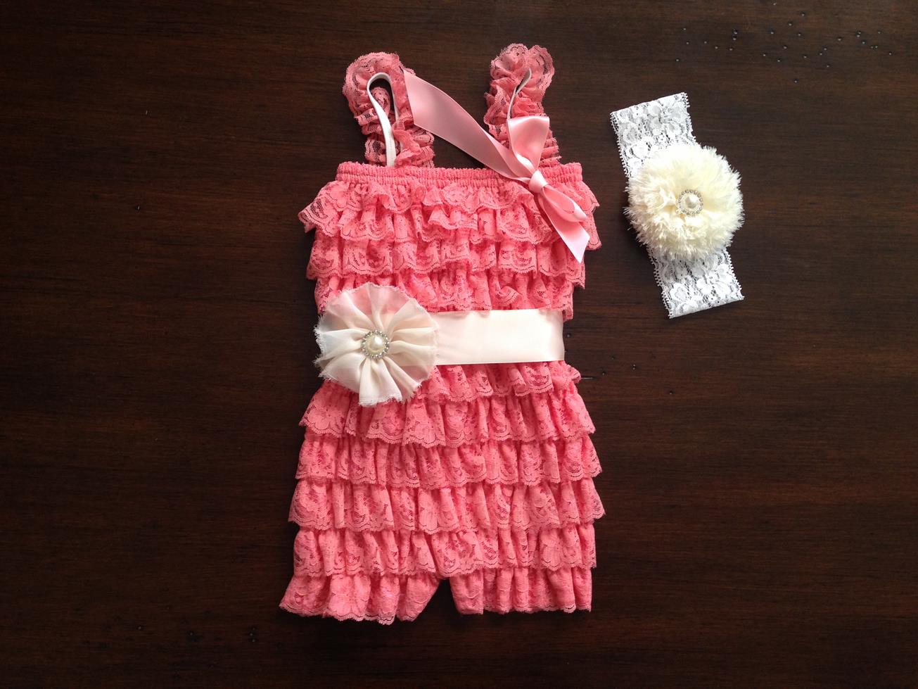 Ivory Baby Romper with Headband & Sash