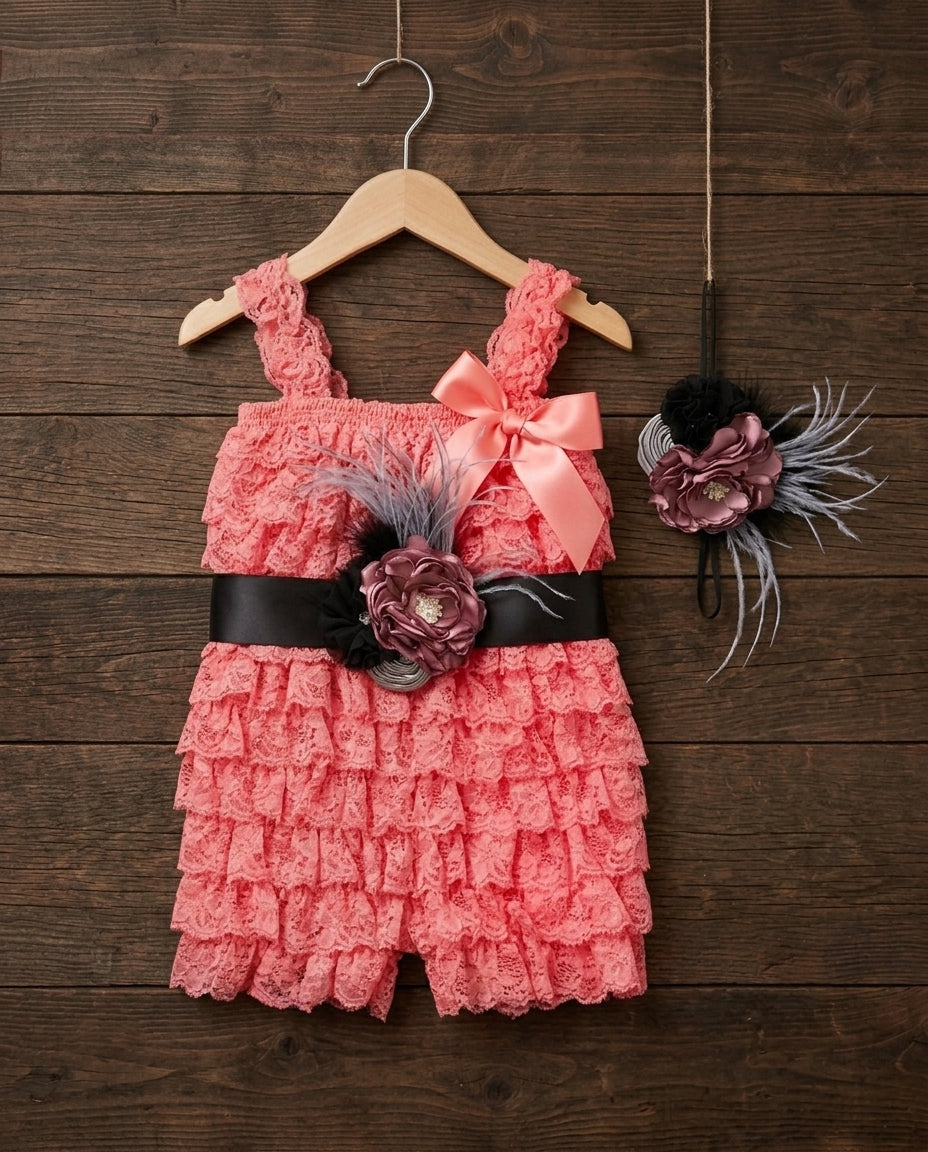 Smoky Gray Baby Lace Romper with Headband & Sash, Black Baby Lace Romper